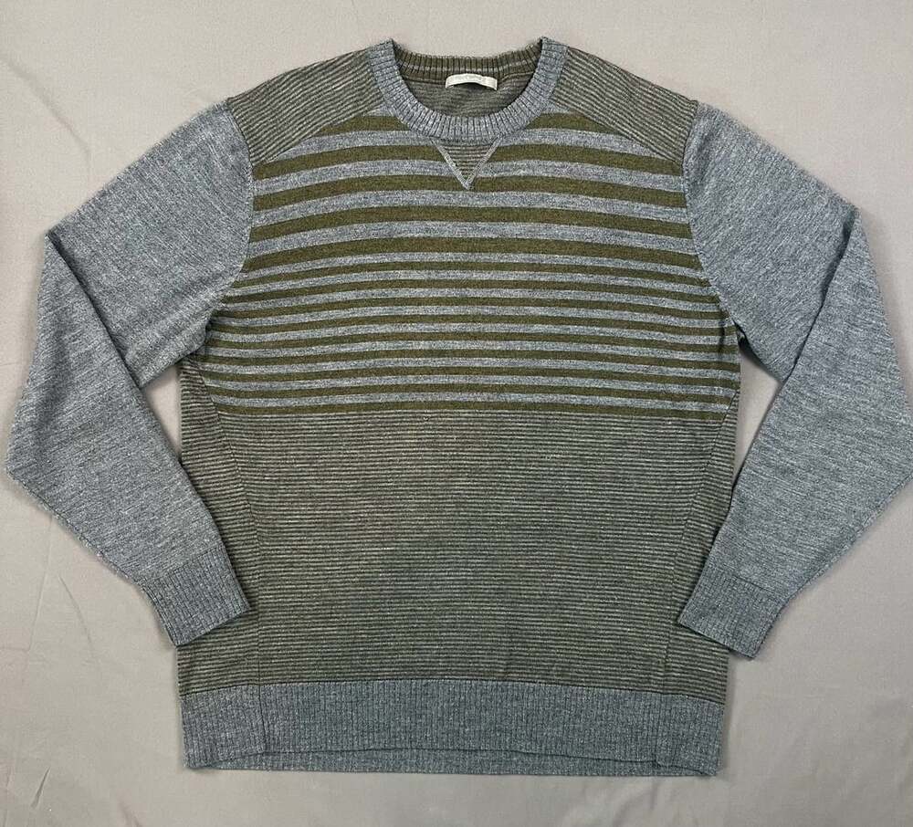 Smartwool Merino Wool Blend Striped Crew Neck Pullover Sweater Gray Green